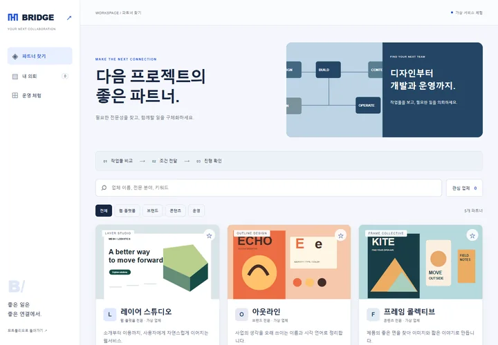 직접 제작한 BRIDGE의 분야별 가상 업체 탐색과 의뢰 화면